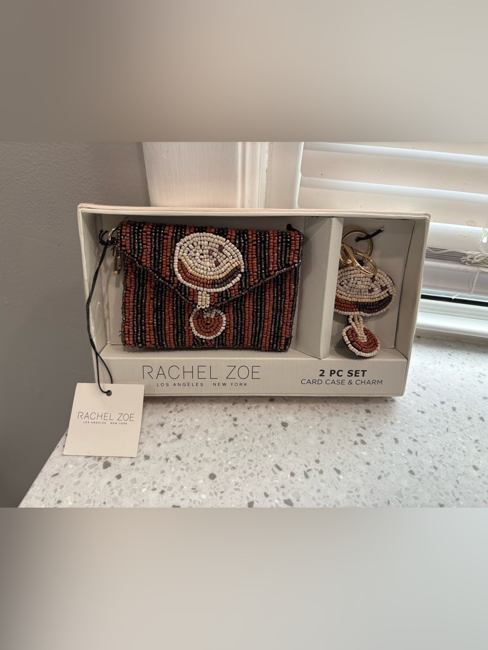 NIB Rachel Zoe Beaded Mini Card Case & Charm - Cappuccino Motif